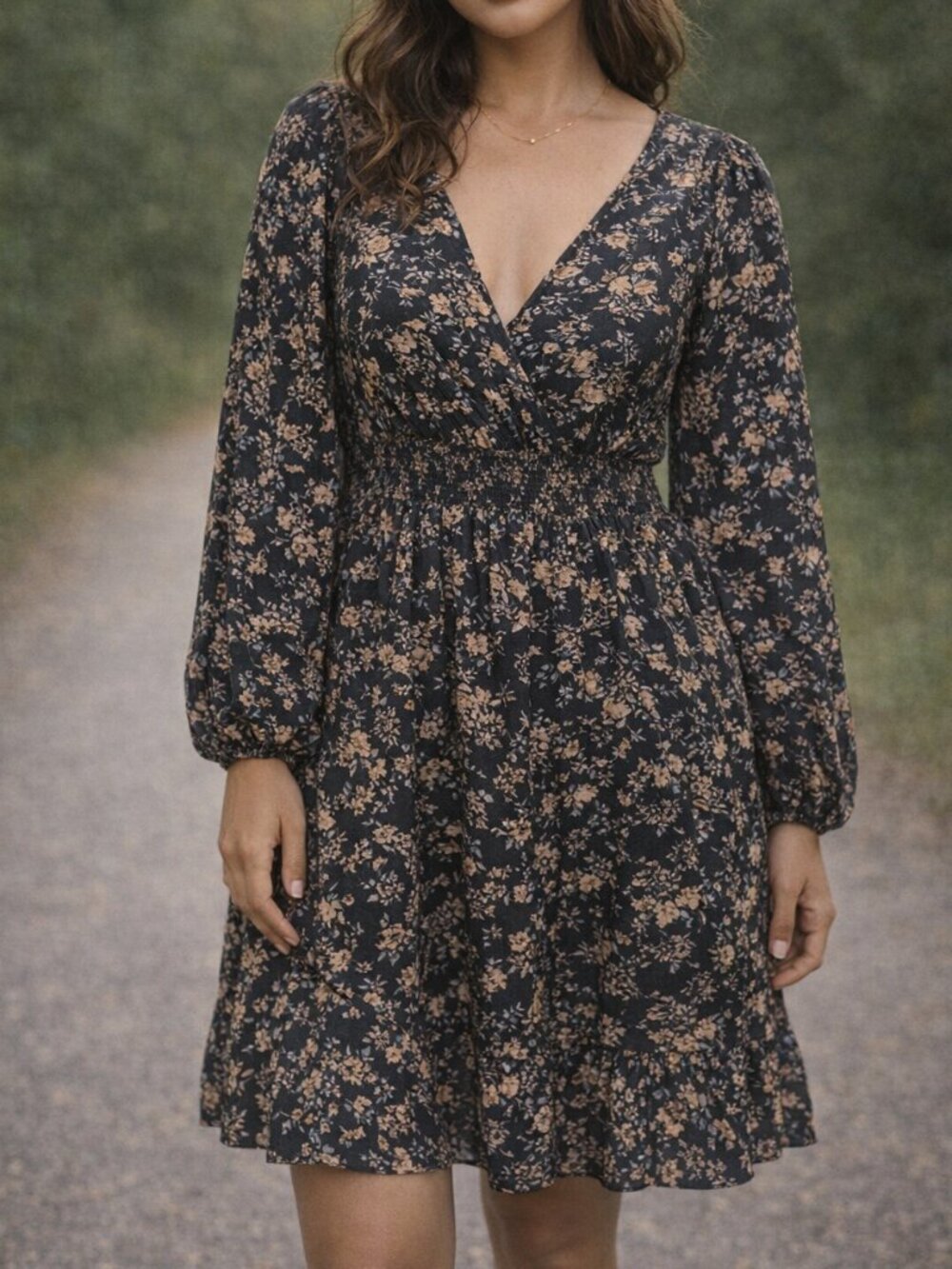Floral V-Neck Midi Dress in Black and Tan